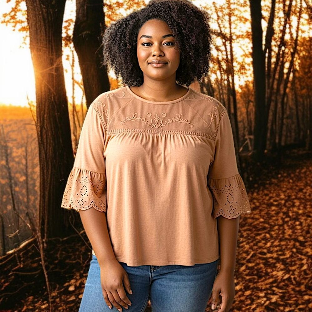 Sonoma Mesh Embroidered Top 3X Eyelet Camel Color Jersey Knit Boho Chic Western. - Picture 15 of 16